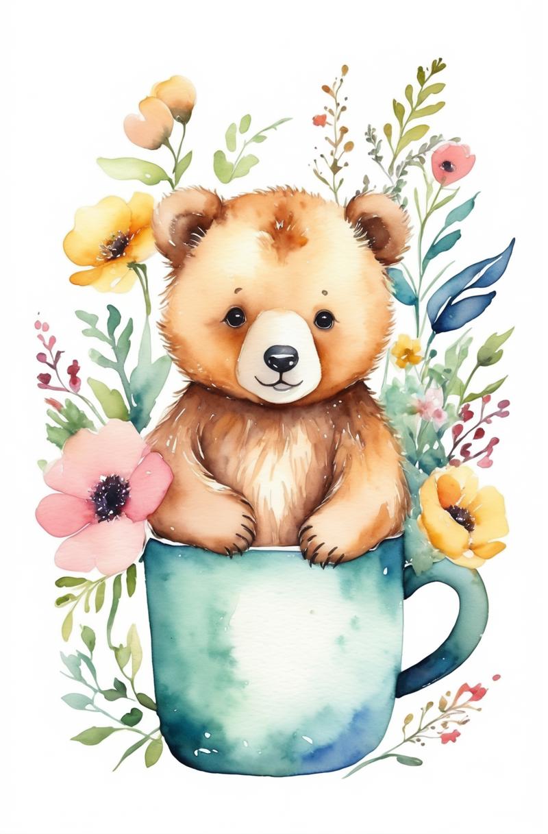 00183-A cute bear baby in mug ,flowers around, watercolor style.png